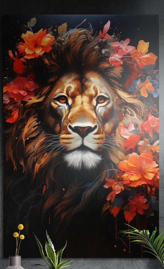Lion portrait with orange and red flowers in its brown mane on black, brushed aluminum wall art on a dark wall