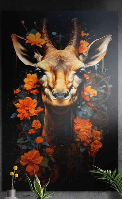 Horned antelope in orange flowers brushed aluminum wall art on a dark wall behind yellow flowers and green plants
