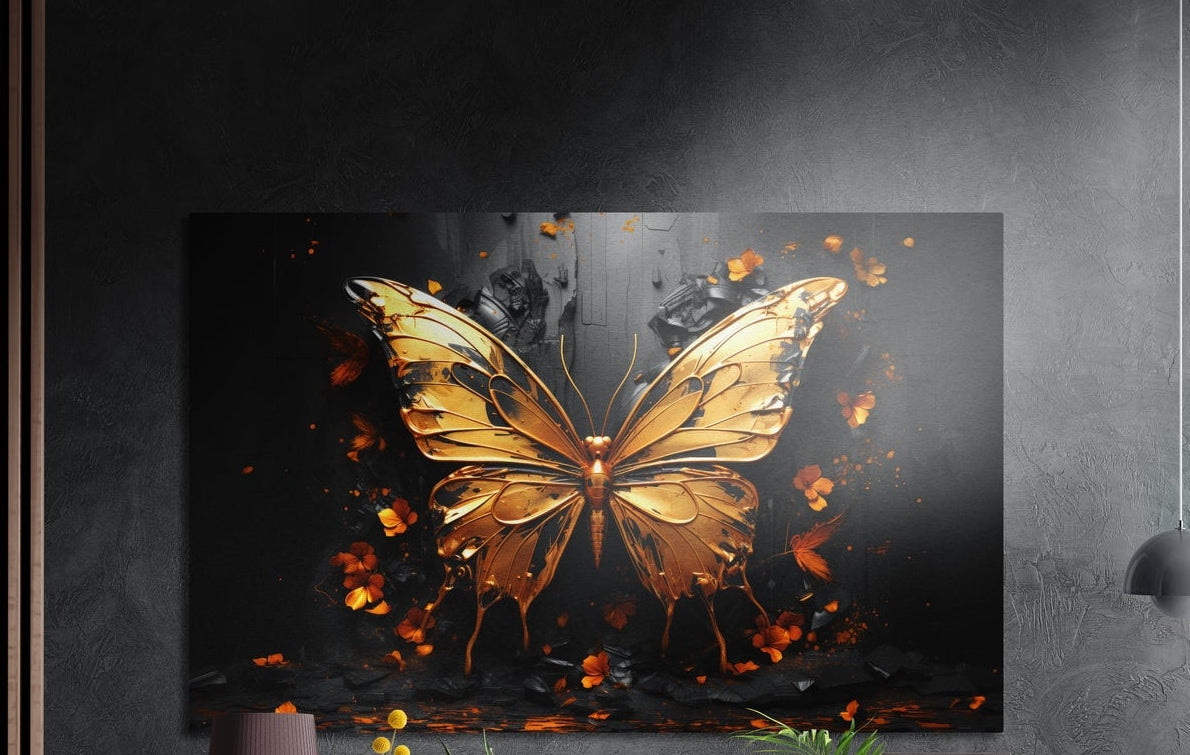 Golden butterfly with spread wings among glowing orange embers on a dark background, brushed aluminum wall art on a dark wall