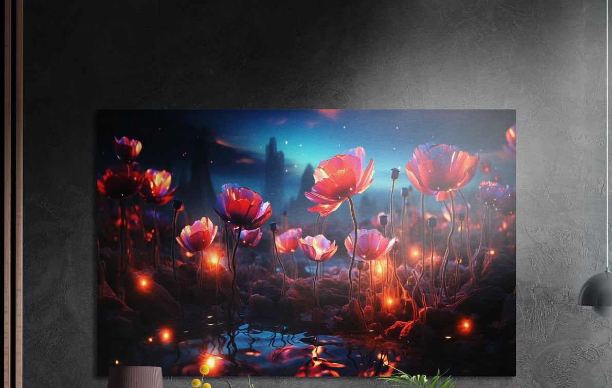 Glowing red poppies at night brushed aluminum wall art on a dark gray concrete wall