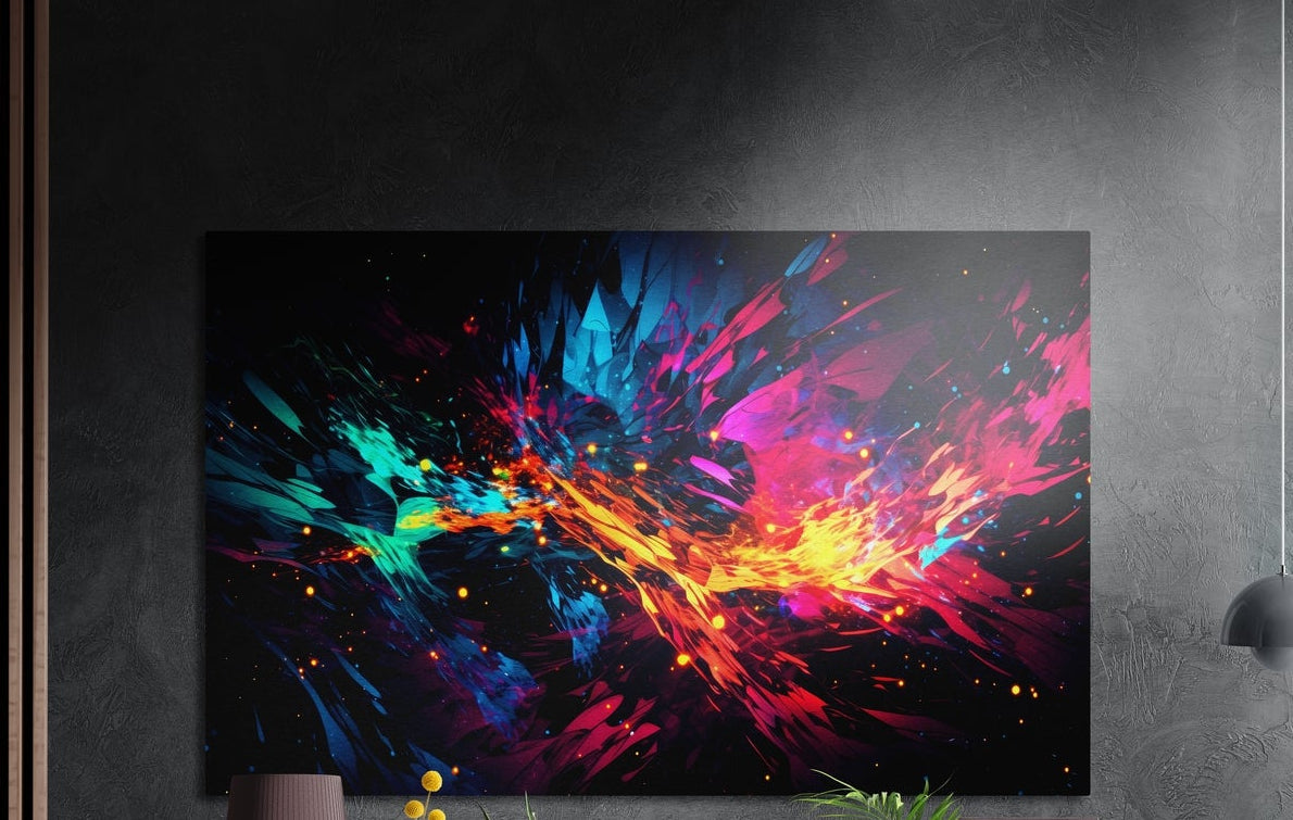 Crystal shard color burst brushed aluminum wall art on a dark textured wall above a lamp and yellow flowers