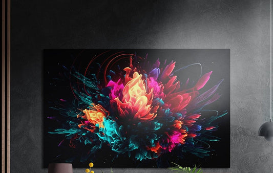Pink, orange and teal flower bursting on black, brushed aluminum wall art on a dark gray wall by wood slats