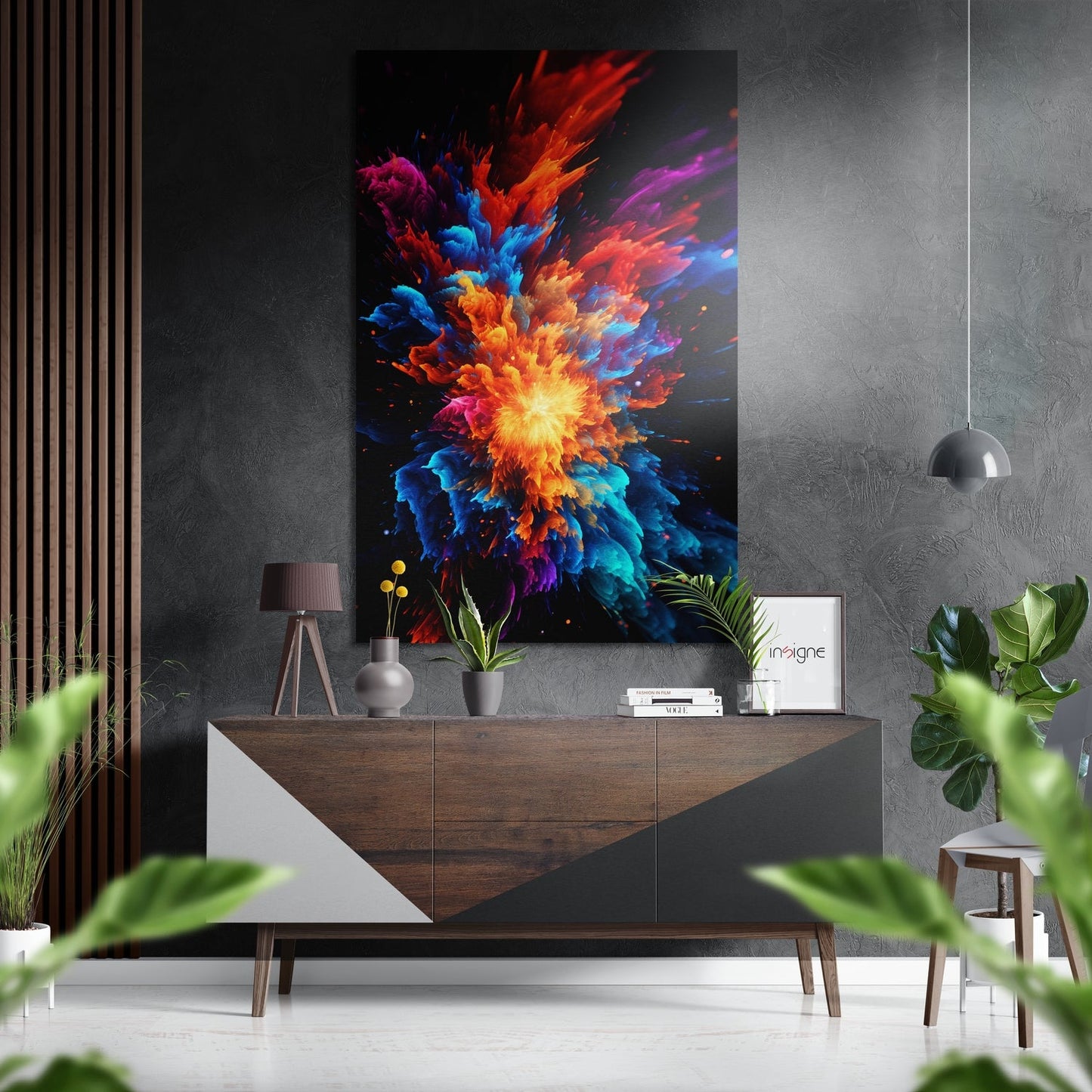 Fiery powder burst metal wall art abstract explosion of color