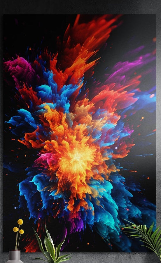 Fiery color powder burst brushed aluminum wall art on a gray wall above yellow flowers and plants
