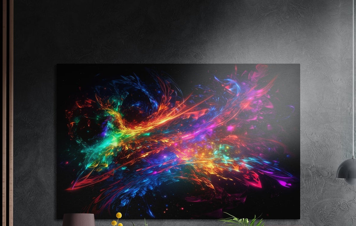 Rainbow ribbon nebula brushed aluminum wall art on a dark textured wall above a lamp and plants