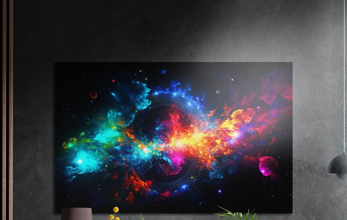 Rainbow cosmic nebula brushed aluminum wall art on a gray concrete wall with a lamp and plants below