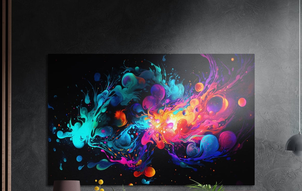Splash of cyan, magenta, purple and orange liquid bubbles on black, brushed aluminum wall art above a sideboard