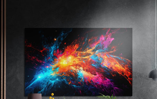 Orange, red, blue and magenta color streaks bursting from a bright core on black, brushed aluminum wall art above a sideboard