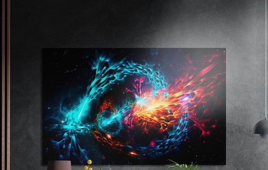 Streams of cyan and red-orange energy colliding in sparks on a black background, brushed aluminum wall art above a sideboard