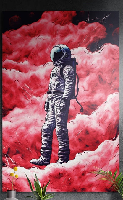 Astronaut standing in crimson clouds brushed aluminum wall art on a dark textured wall above a vase of yellow flowers