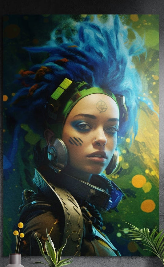Blue dreadlocks cyber warrior woman brushed aluminum wall art on a dark gray wall with plants at its lower corners