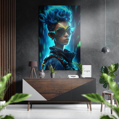 Blue-Haired Woman Green Goggles Metal Wall Art