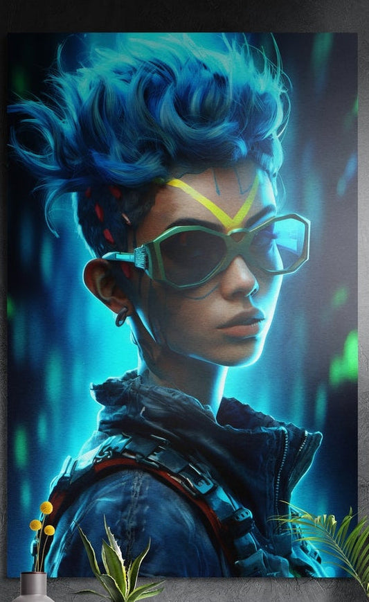 Blue hair woman in green goggles brushed aluminum wall art on a dark gray wall with plants at its lower corners