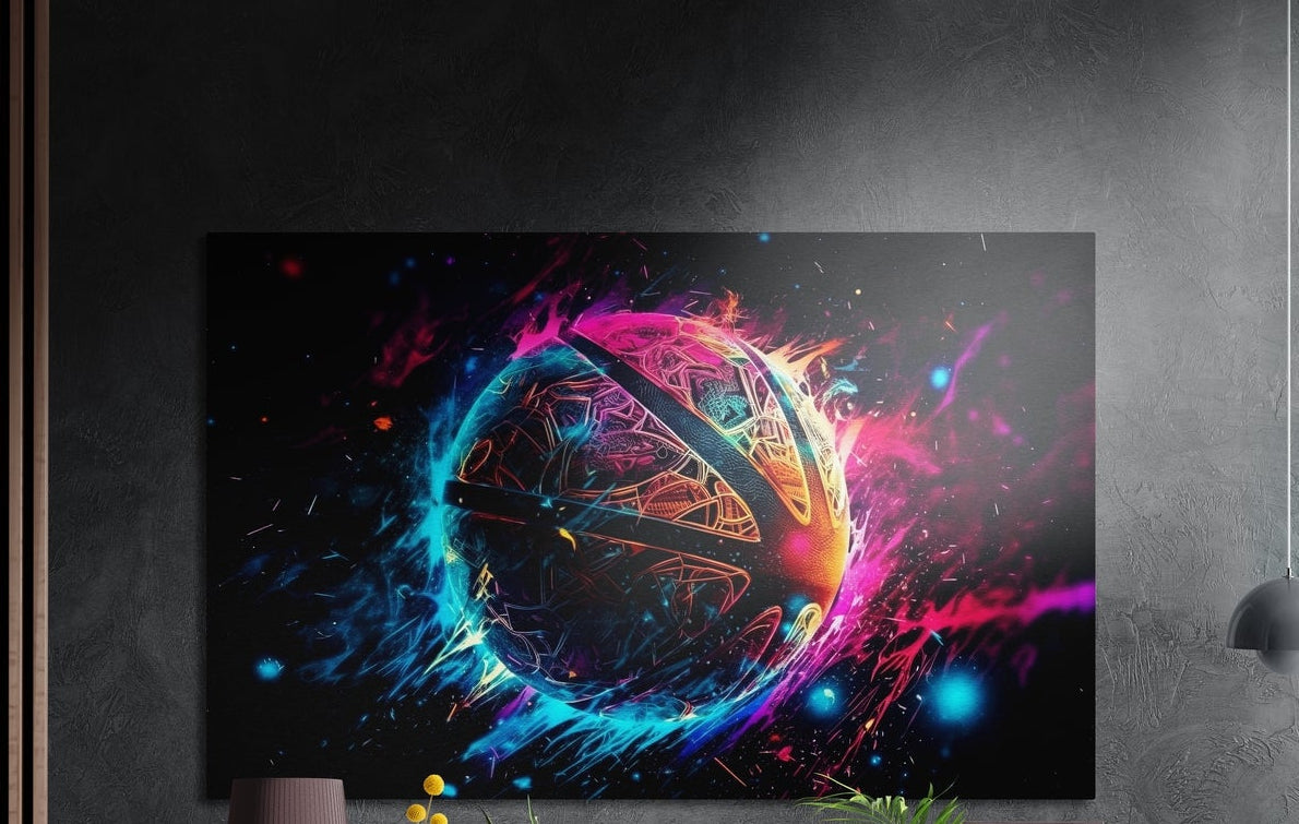 Glowing sphere with curved seams wrapped in pink and blue neon splashes on black, brushed aluminum wall art above a sideboard