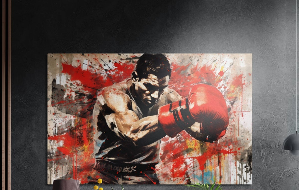 Red splatter boxer in a guard stance brushed aluminum wall art on a dark gray textured wall with plants below