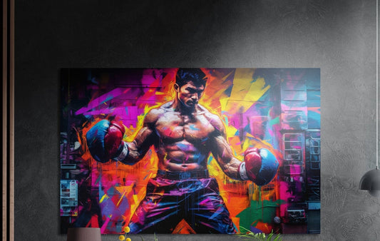 Neon flexing boxer brushed aluminum wall art on a dark gray textured wall with plants below
