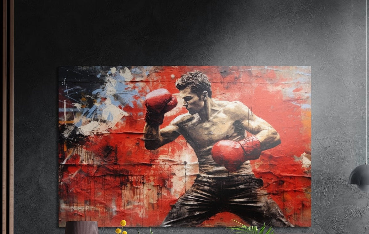 Crimson boxer throwing a punch brushed aluminum wall art on a dark gray textured wall with plants below
