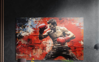Crimson boxer throwing a punch brushed aluminum wall art on a dark gray textured wall with plants below