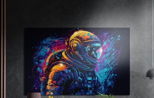 Neon splatter astronaut portrait brushed aluminum wall art on a dark textured wall above a lamp and plants