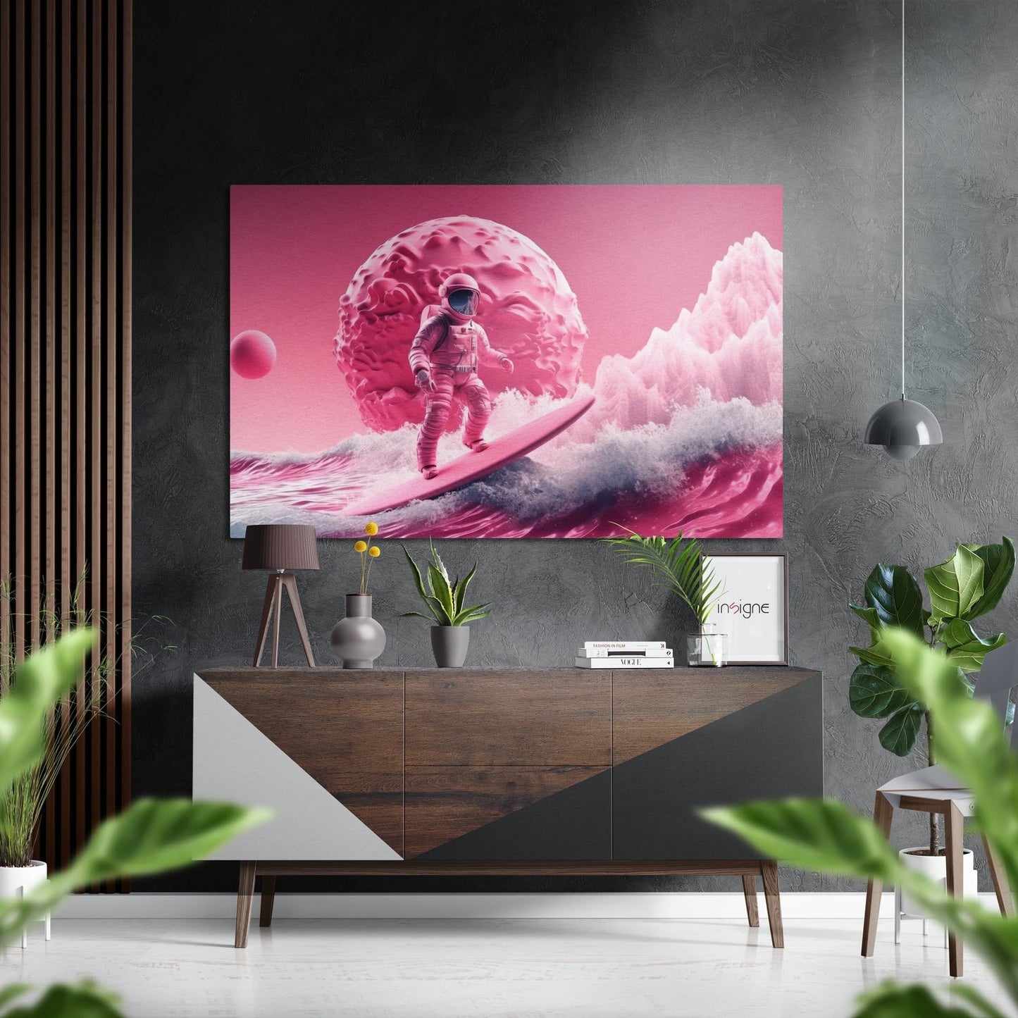 Surf in Pink Planet brushed aluminum wall art in soft pink tones with modern metal texture