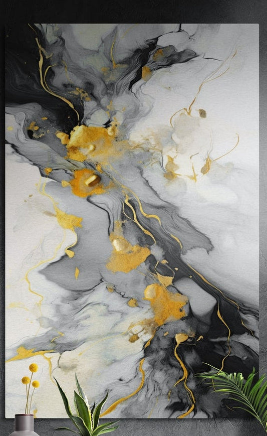 Gray, white and gold marble ink flow brushed aluminum wall art hung on a dark textured wall above potted plants