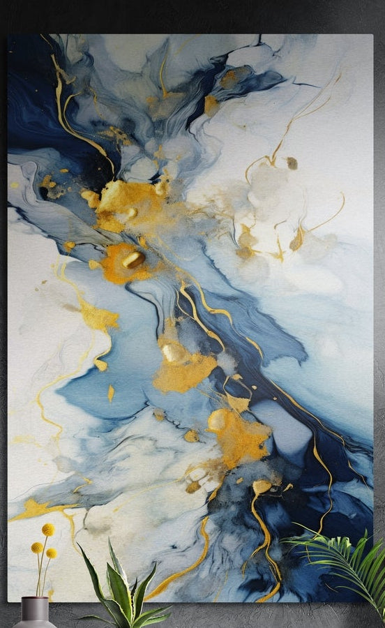 Navy blue, pale blue and white marble ink flowing diagonally with gold veins, brushed aluminum wall art above potted plants