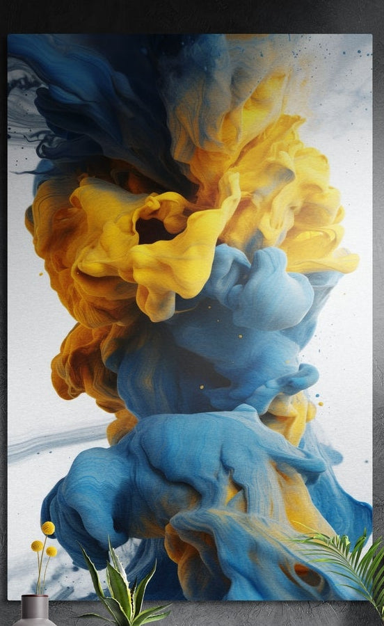 Billowing cloud of yellow and blue ink rising across a white background, brushed aluminum wall art above potted plants