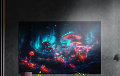 Glowing mushroom forest in neon blue and red brushed aluminum wall art on a dark textured wall above a lamp and plants
