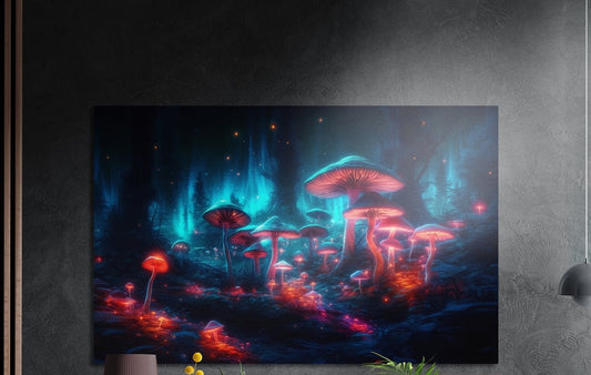 Glowing mushroom forest in neon blue and red brushed aluminum wall art on a dark textured wall above a lamp and plants