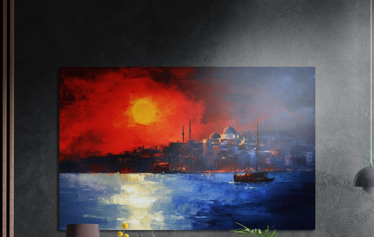Istanbul skyline at a red sunset brushed aluminum wall art on a dark textured wall above a lamp and plants