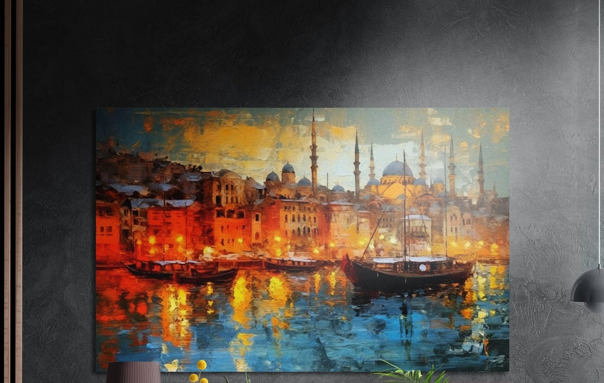 Istanbul harbor at golden hour brushed aluminum wall art on a dark textured wall above a lamp and plants