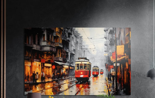 Red tram on a rainy city street brushed aluminum wall art on a dark textured wall above a lamp and plants