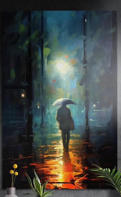 Lone walker with an umbrella on a rainy night street, brushed aluminum wall art on a dark wall above yellow flowers