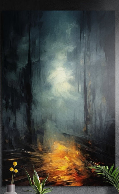 Misty dark forest with an amber glow, brushed aluminum wall art on a dark wall above a vase of yellow flowers