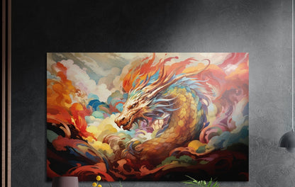 A golden dragon winding through swirling pastel and orange clouds brushed aluminum wall art above yellow flowers and plants
