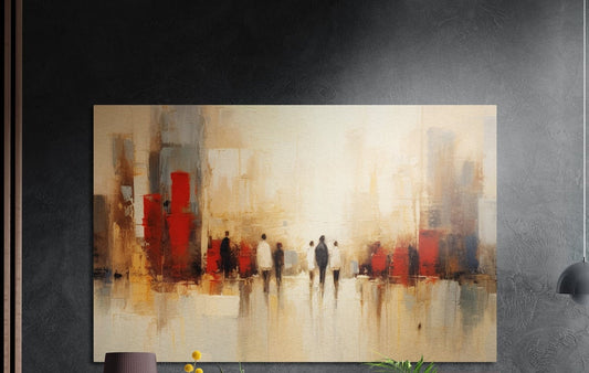 Abstract street of small walking figures in cream, copper and red tones, brushed aluminum wall art above a sideboard