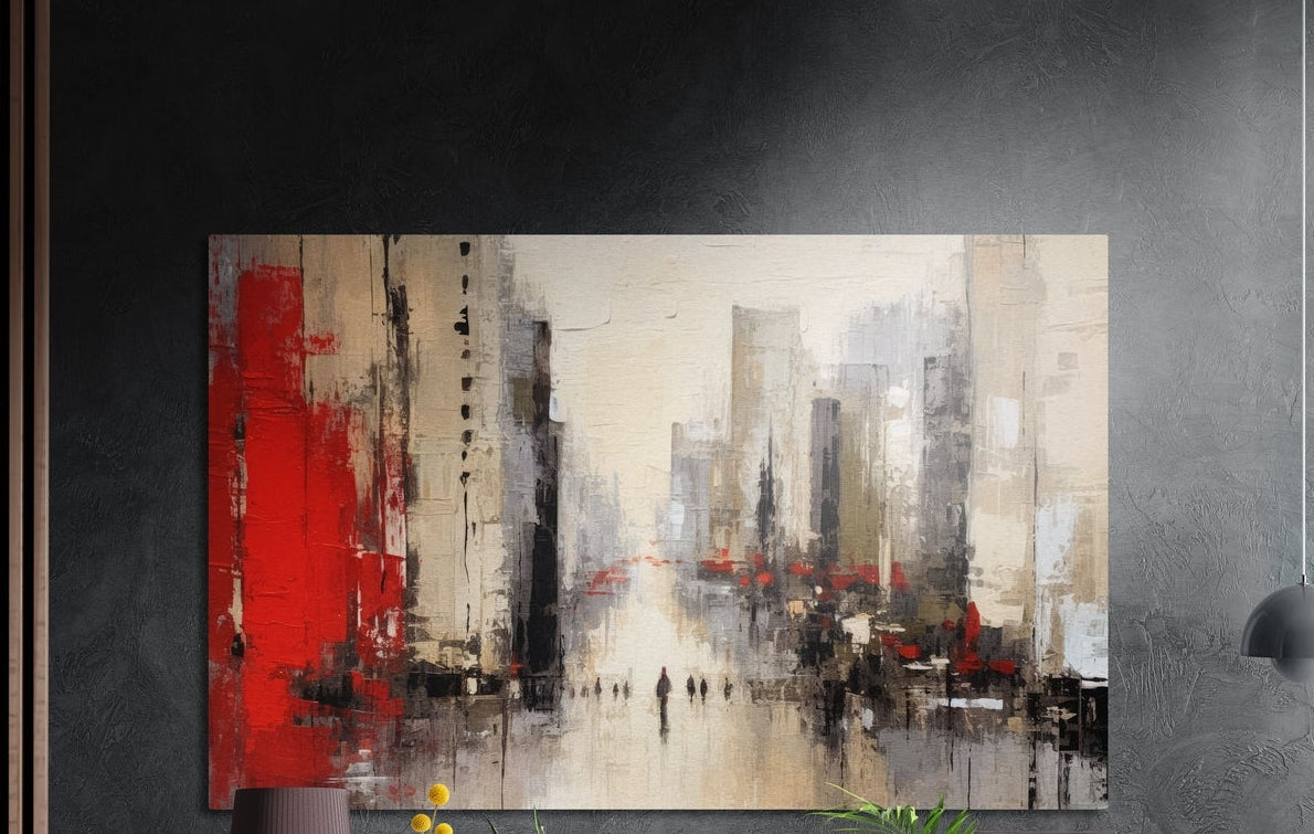 Red and gray abstract city street brushed aluminum wall art on a dark textured wall above a lamp and plants