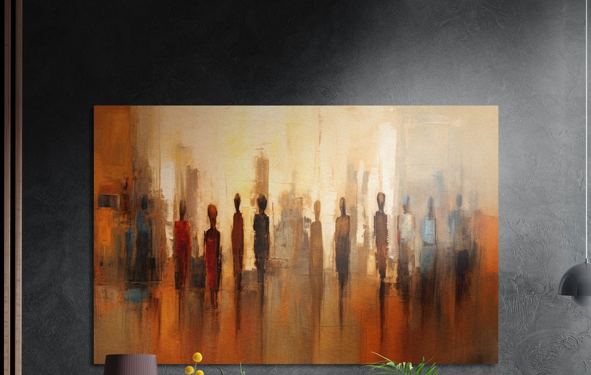 Amber abstract crowd of figures brushed aluminum wall art on a dark textured wall above a lamp and plants