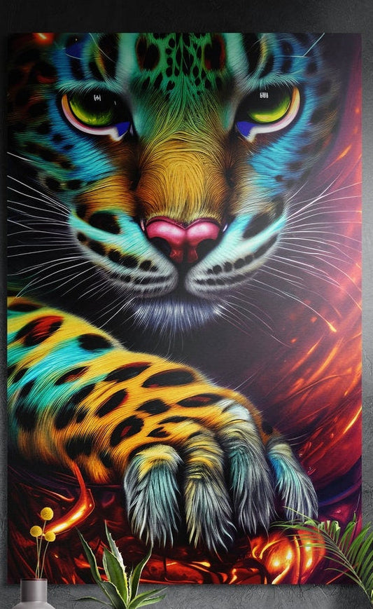 A rainbow wild cat cub with green eyes and a spotted paw brushed aluminum wall art above yellow flowers and plants