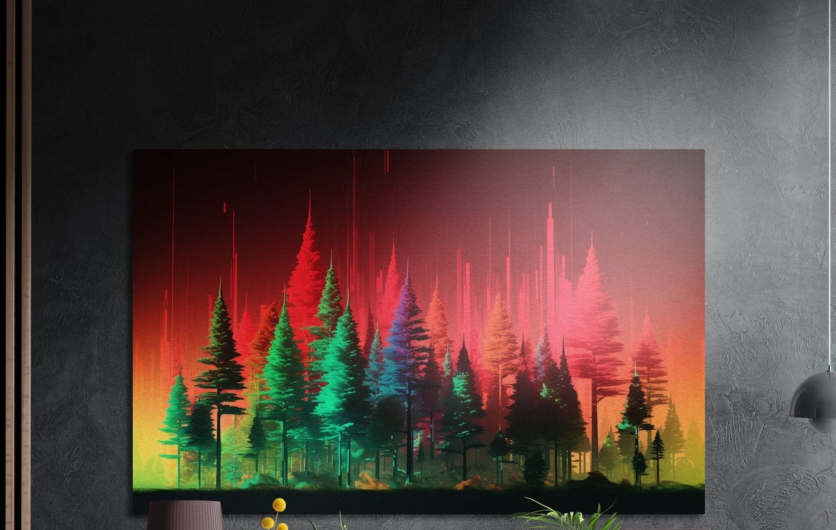 Row of green, red and pink pines with neon drips on a red to yellow sky, brushed aluminum wall art above a sideboard