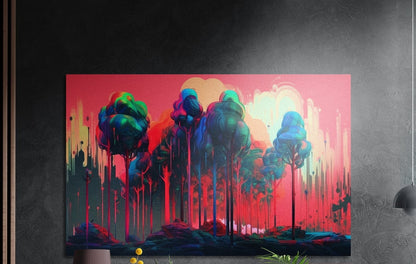 Grove of teal and blue trees dripping paint under a coral pink sky, brushed aluminum wall art above a sideboard