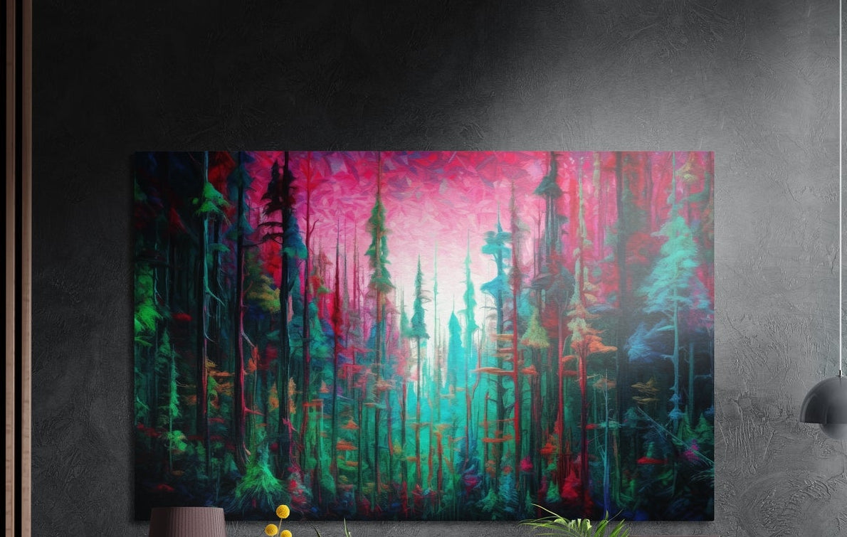 Dense pine forest in emerald green and teal under a glowing magenta light, brushed aluminum wall art above a sideboard