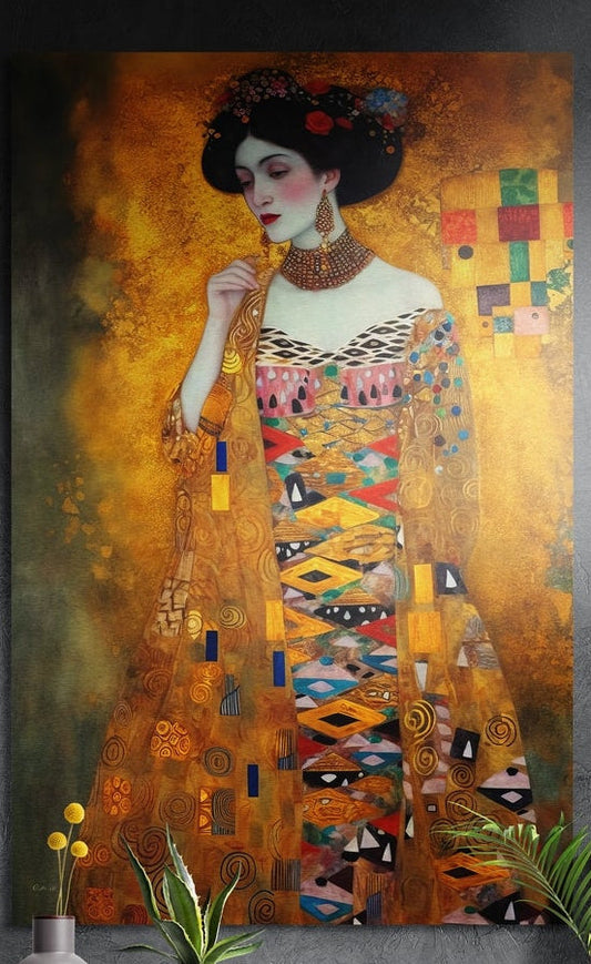 Painted lady with dark hair and flowers in a gold mosaic patterned gown on a golden background, brushed aluminum wall art