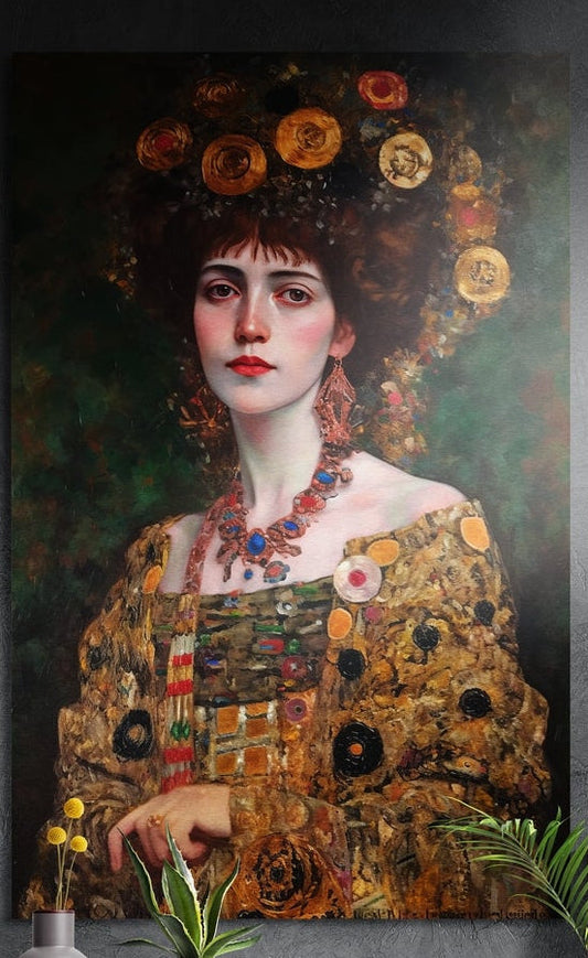 Portrait of a woman in a golden flower crown and patterned gold robe, brushed aluminum wall art on a dark wall above plants
