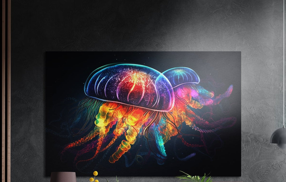A single neon jellyfish glowing in blue, pink and orange on black brushed aluminum wall art above yellow flowers and plants