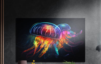 A single neon jellyfish glowing in blue, pink and orange on black brushed aluminum wall art above yellow flowers and plants