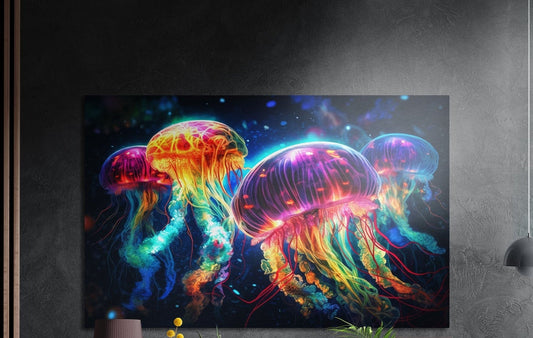 Glowing jellyfish swarm brushed aluminum wall art on a dark wall above yellow flowers and plants
