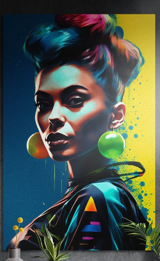 Woman with a teal updo and large green ball earrings on a blue and yellow background, brushed aluminum wall art above plants