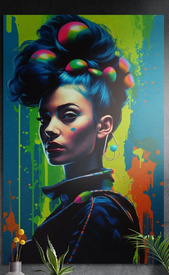 Woman with a blue updo dotted with colored spheres on a lime and teal splash, brushed aluminum wall art above plants
