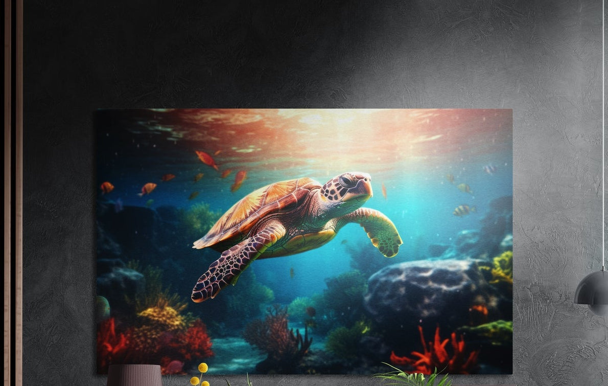 Sea turtle over a coral reef brushed aluminum wall art on a dark wall above yellow flowers and plants